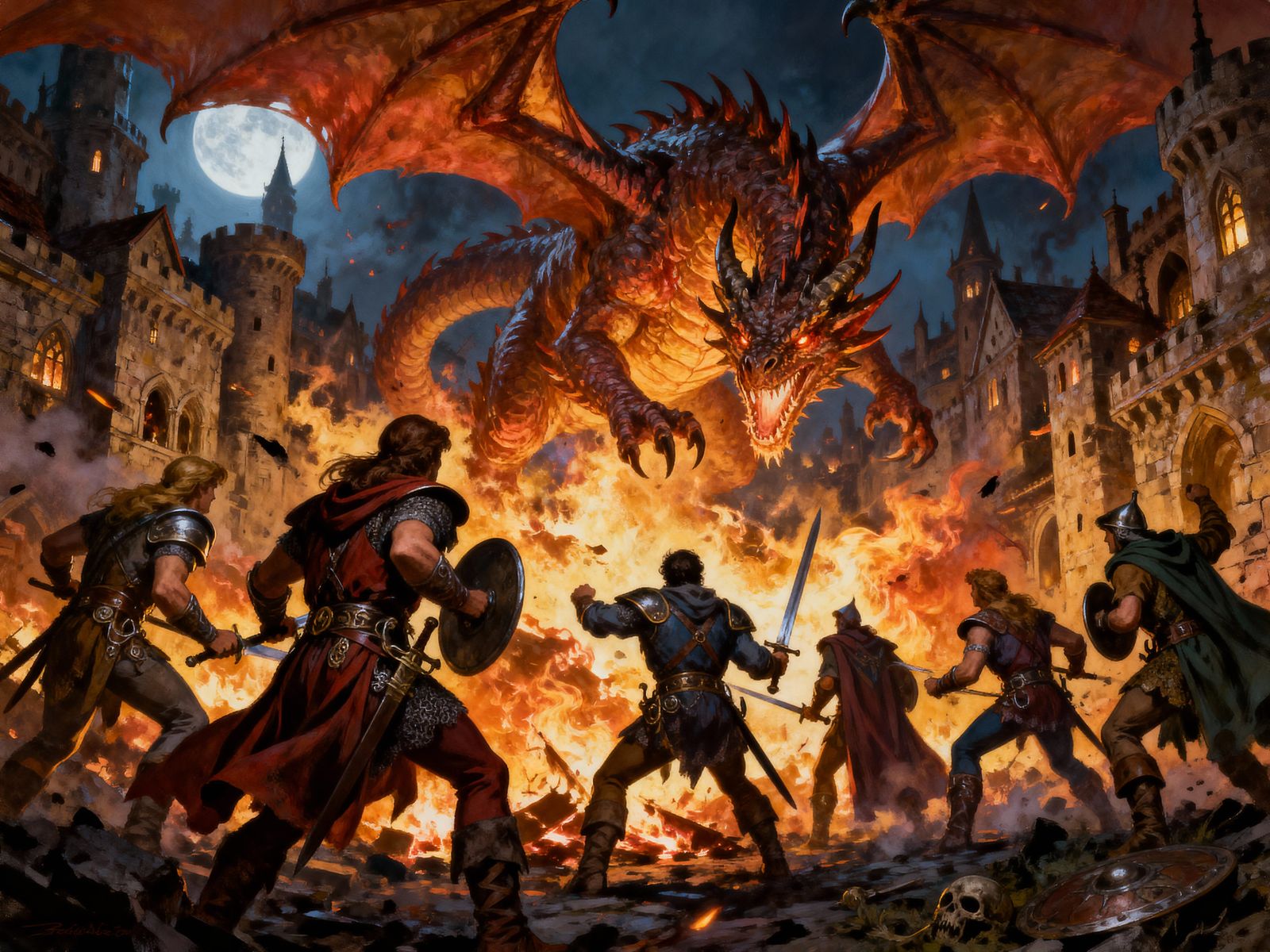 Fantasy Adventurers Battle Fire Dragon in Burning City