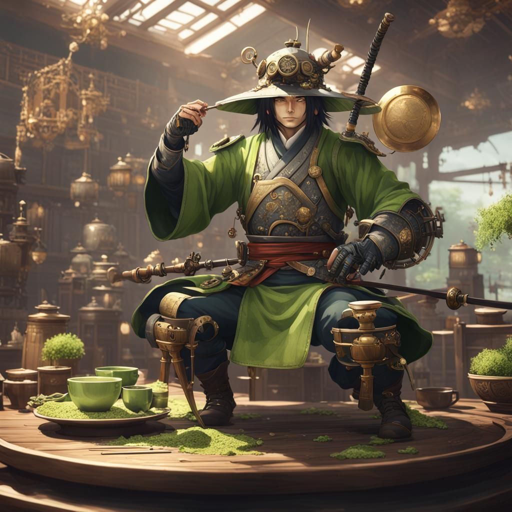 Steampunk Samurai Guarding Matcha Tea in Anime Style