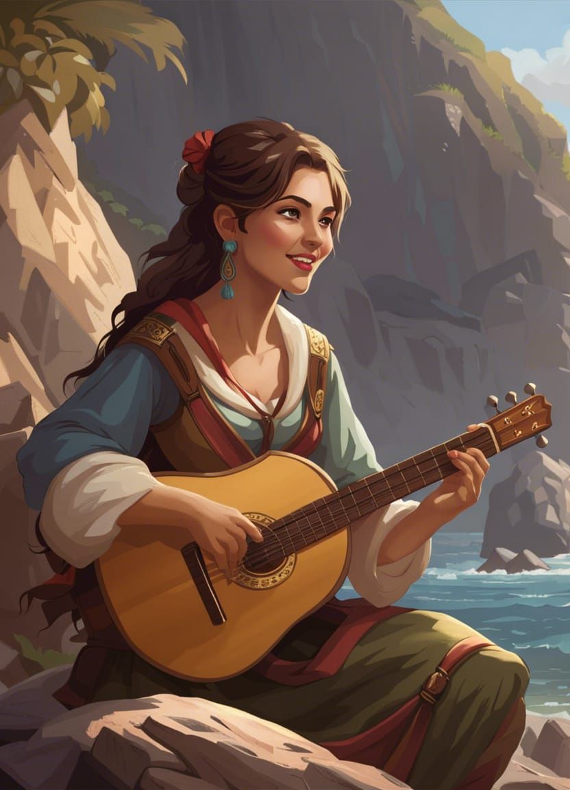 Dungeons and Dragons Female Bard on Rocky Shoreline