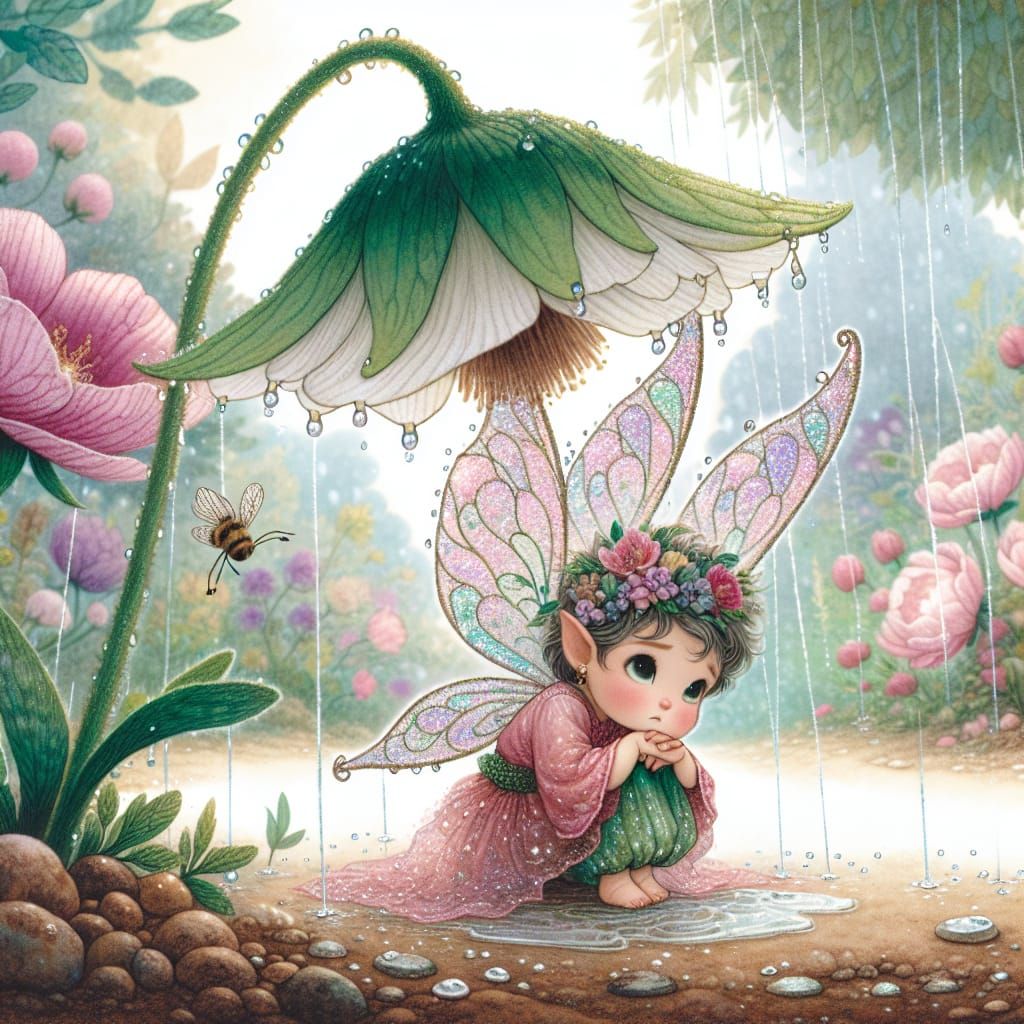Fairy Sheltering From Spring Rain in Garden