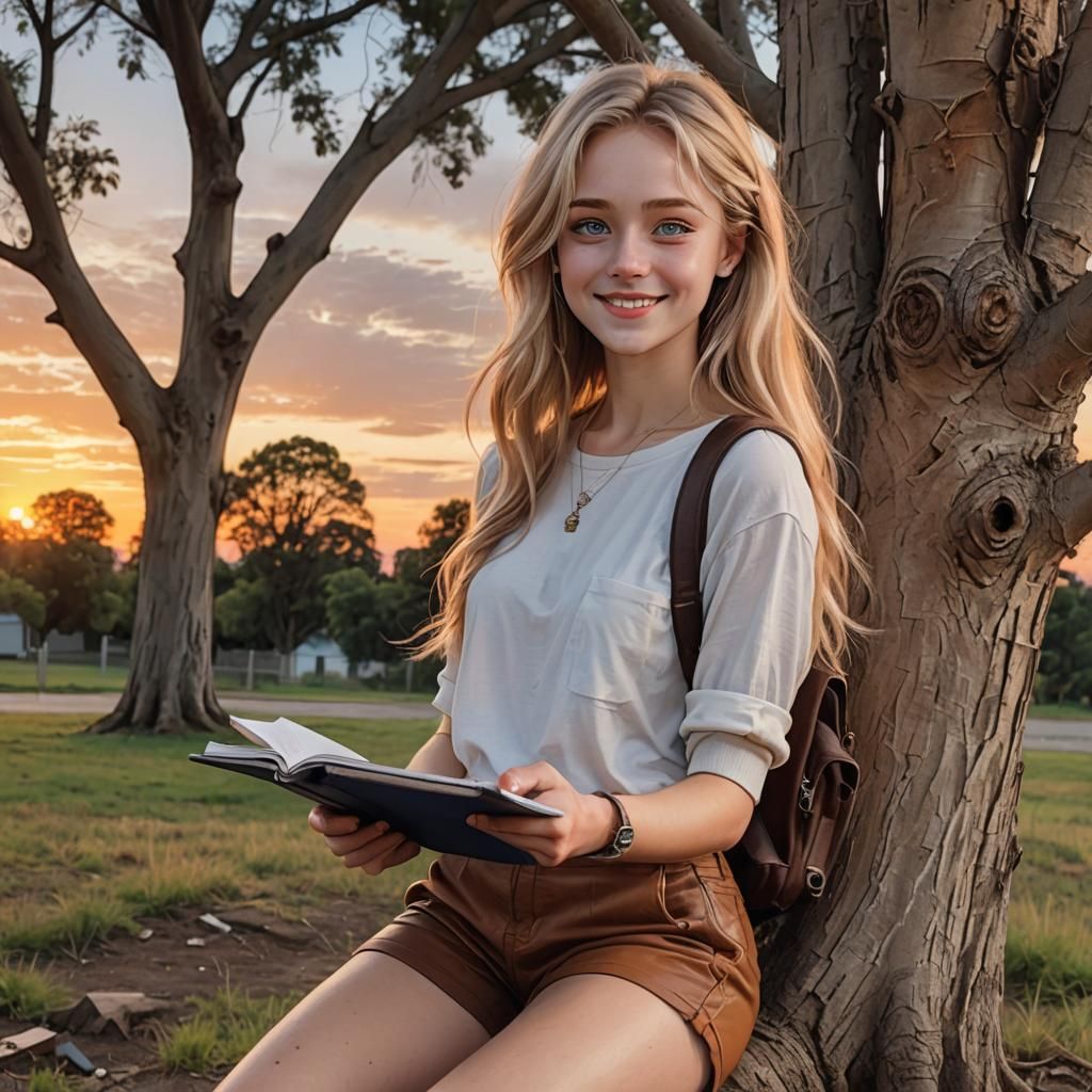 8-bit Woman with Pencil Watches Sunset