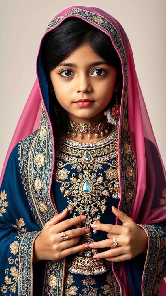 Elegant Young Girl in Traditional Eid Attire with Crystal Em...