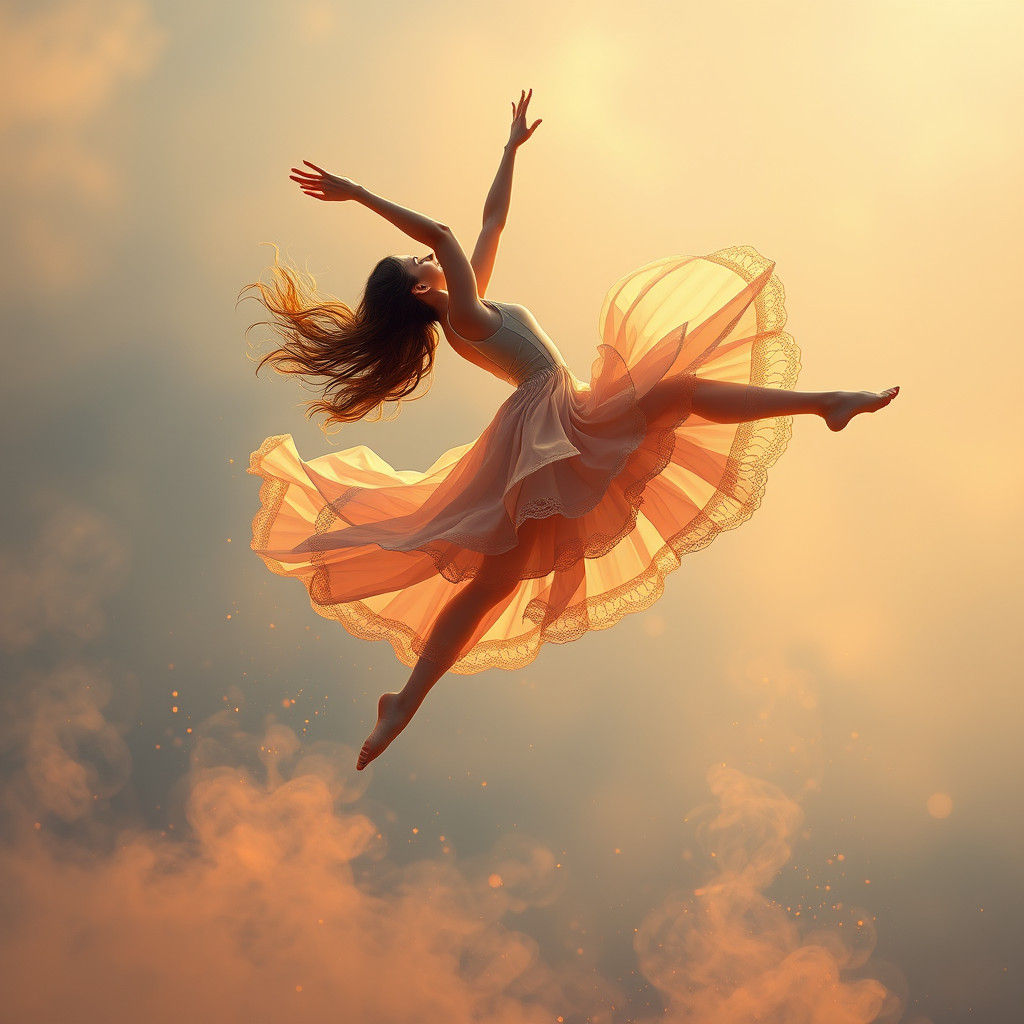 Ethereal Dancer in Aerial Acrobatic Pose, Matte Painting