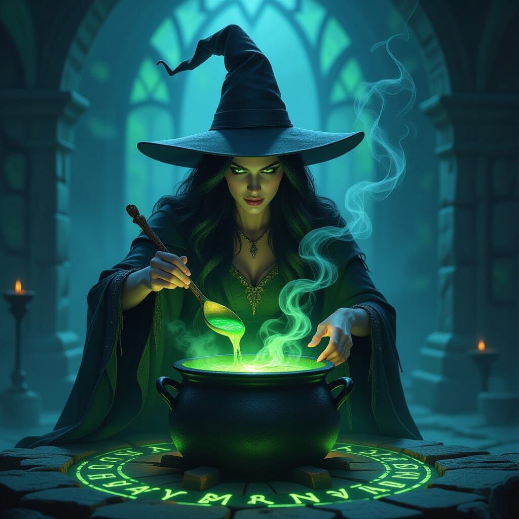 Witch Brews Emerald Potion in Dark Fantasy Style