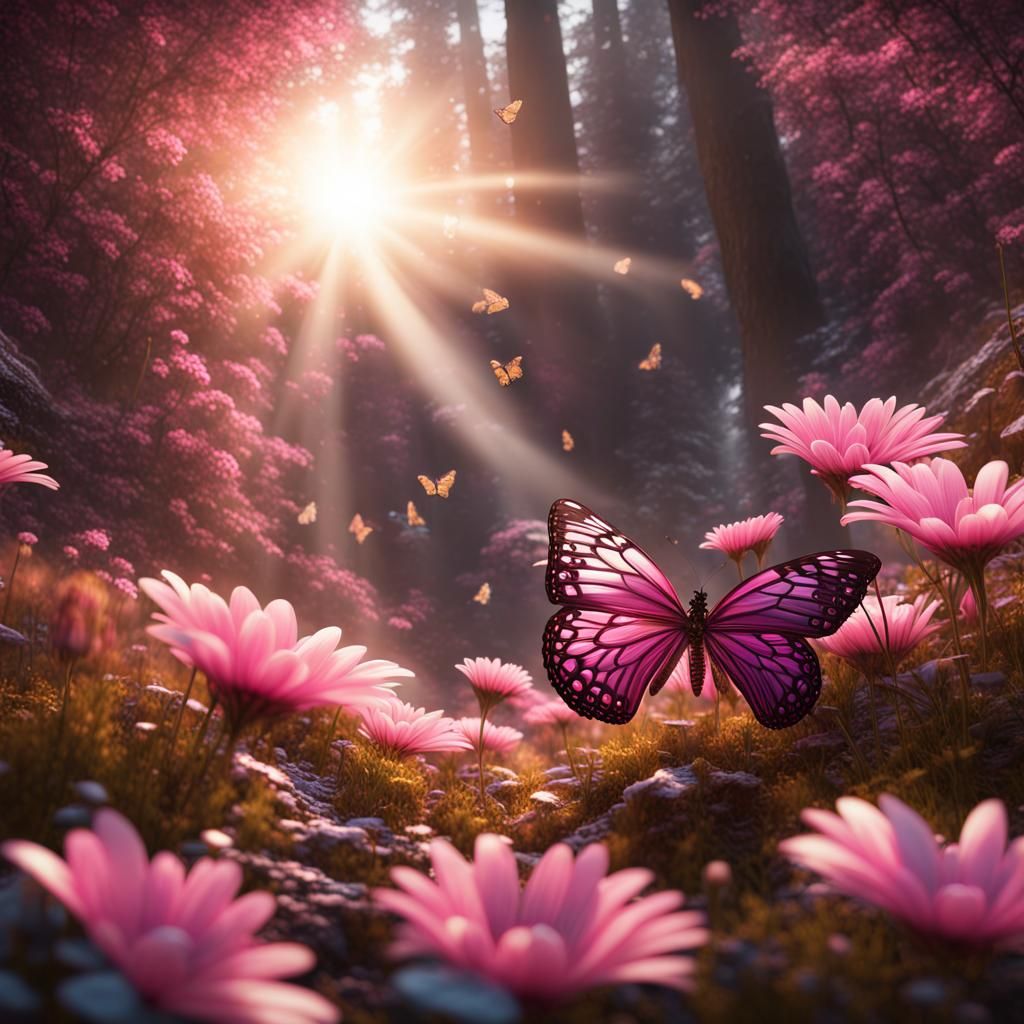 Flowers National Park with Butterflies in Volumetric Lightin...
