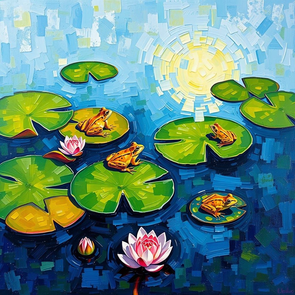 Lily Pond Scene in Pointillist Art Style