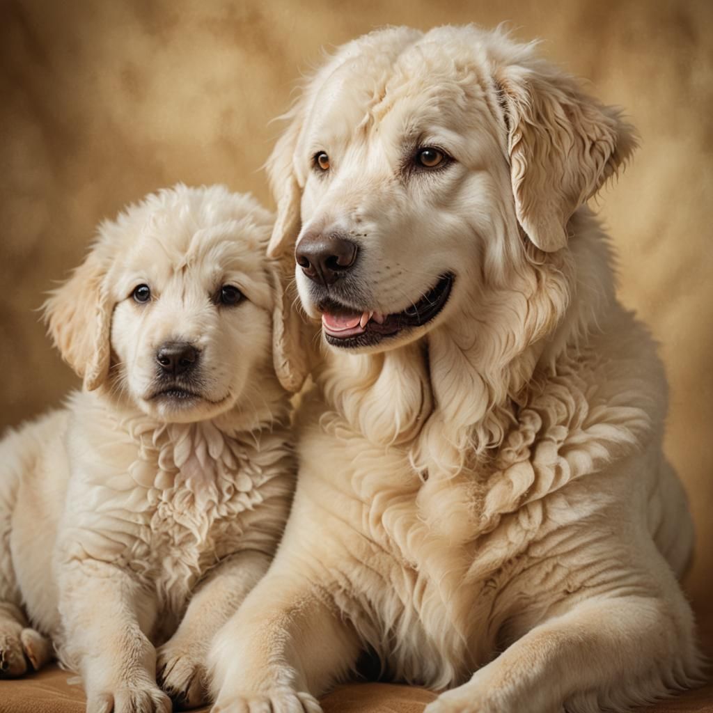 Endearing Kuvasz Mother and Puppy Portrait