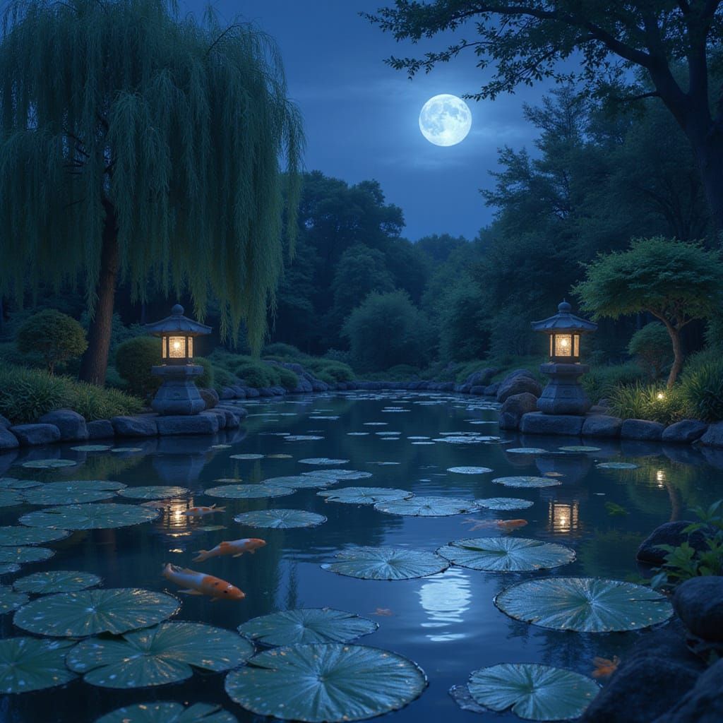 Glowing Woman in Bioluminescent Koi Pond, Ghibli Style