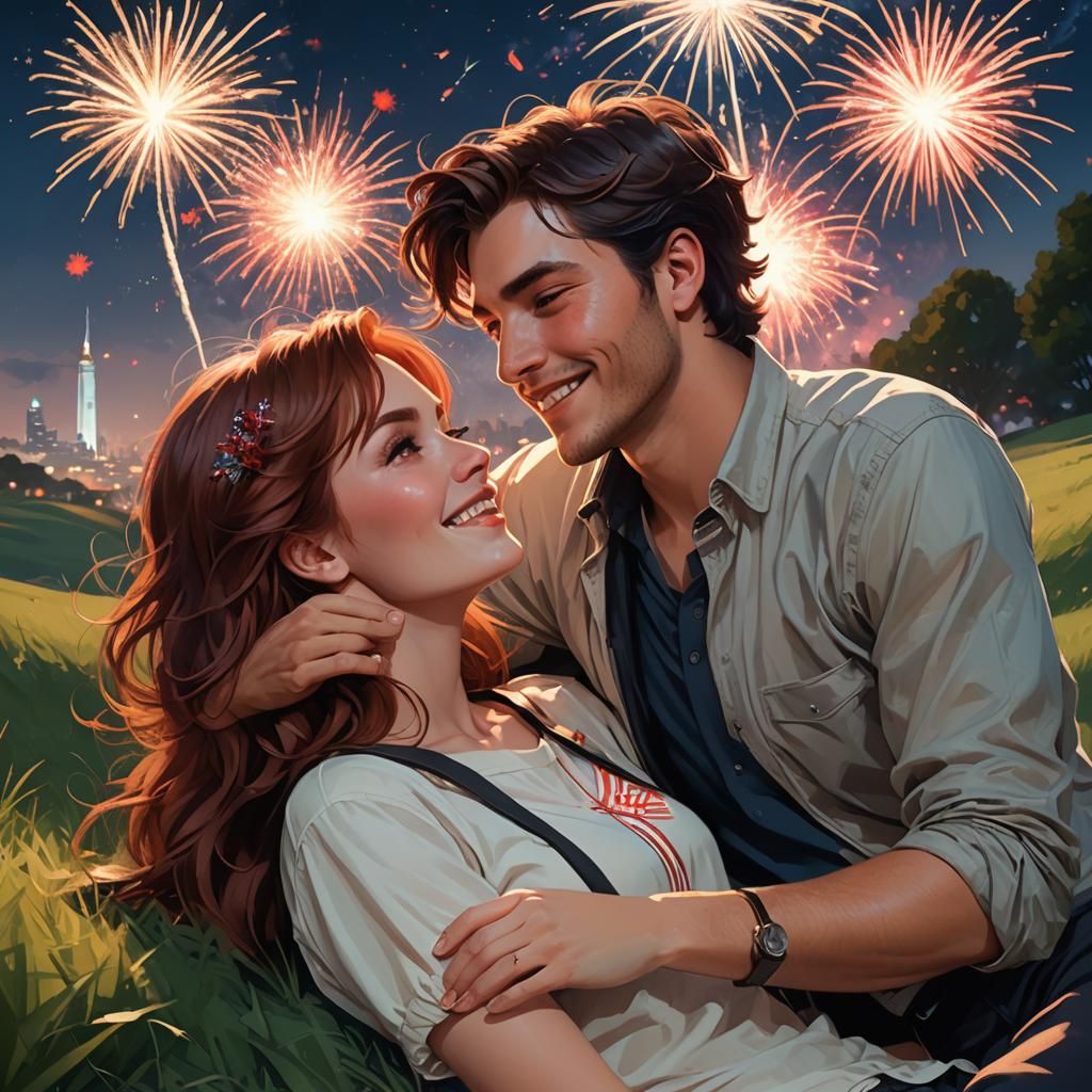 Couple Kissing Under Fireworks: Artstation Concept Art