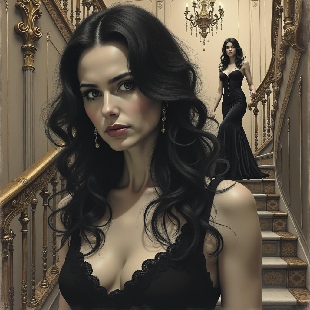 Ornate Staircase with Enigmatic Women, Charcoal Art