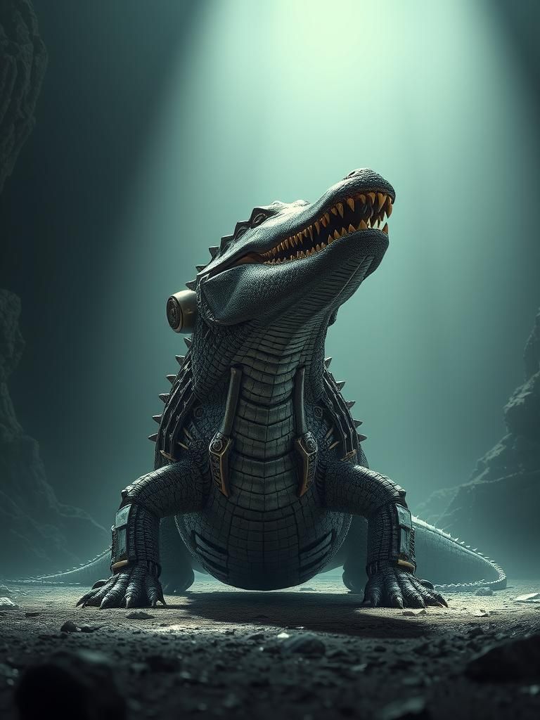 Mechanized Crocodile in Sci-Fi Landscape