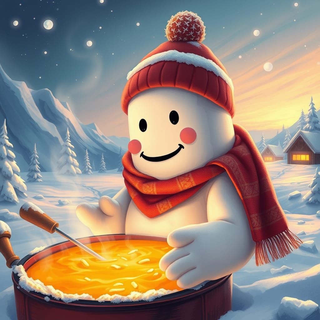 Marshmallow Man's Fondue Adventure in Dreamy Art Style