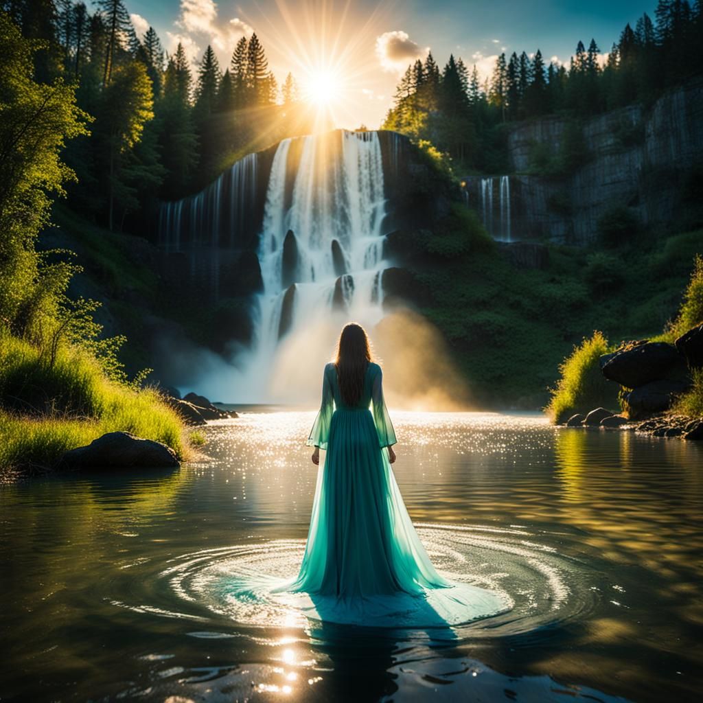 Woman's Silhouette at Sunset Waterfall in Luminous Dress