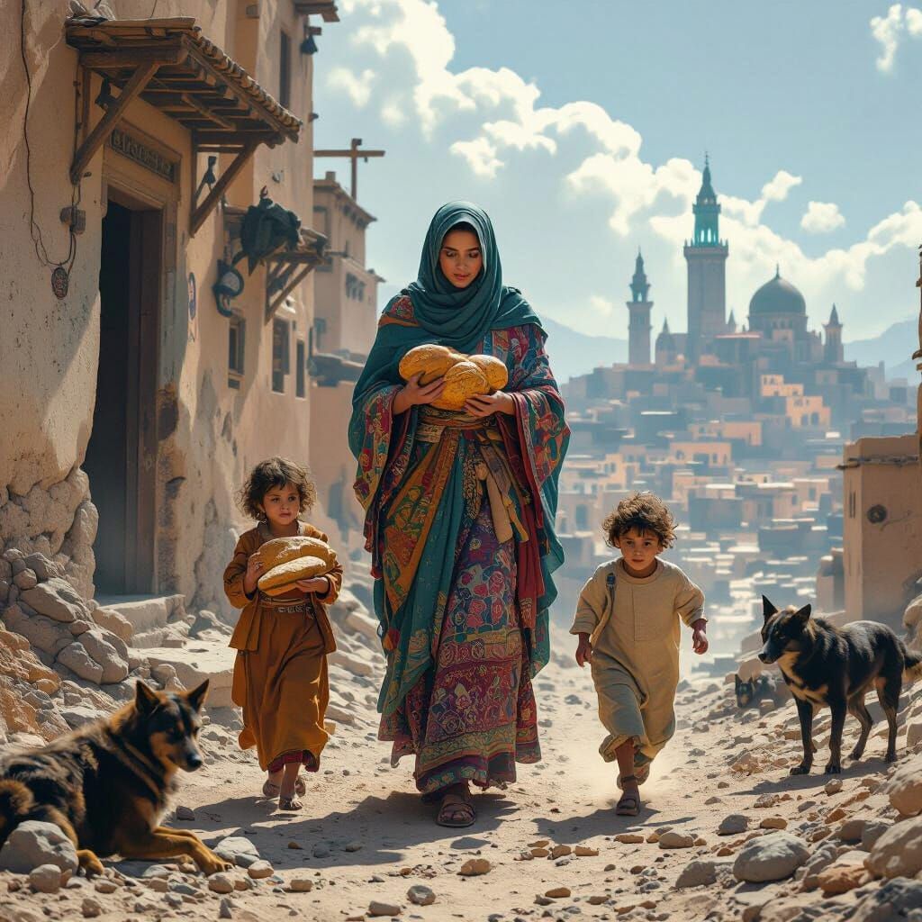 Moroccan Mother: Hope Amidst War, Futuristic Cityscape