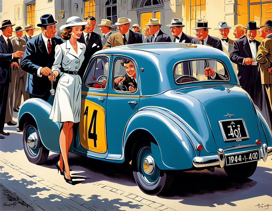 Humorous Rally Car Scene in Hergé Comic Art Style