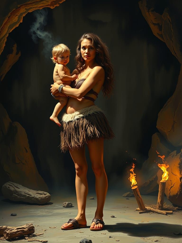 Ancient Mother and Child in a Primordial Cave