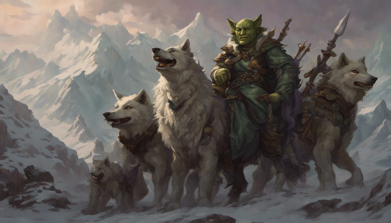 Goblins Riding Wolves on Winter Day in Art Nouveau Style