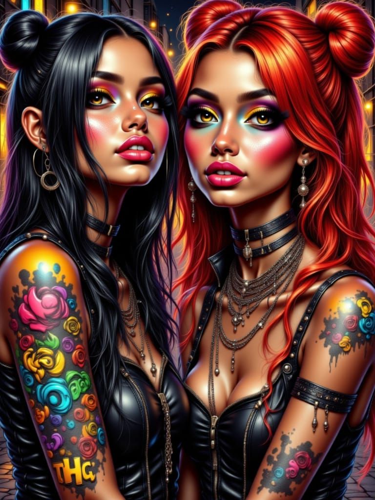 Cartoon Women in Hip-Hop Streetwear in Neon Alley