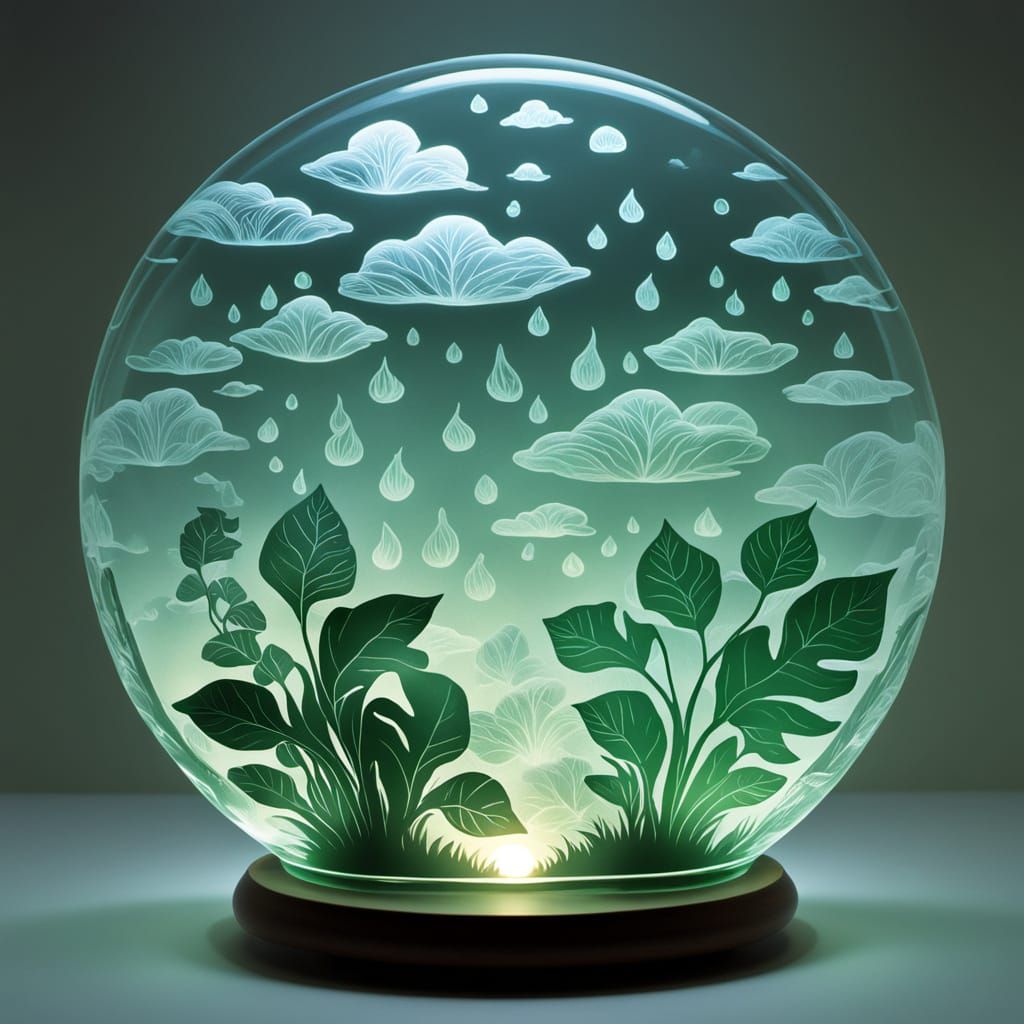 Etched Glass Noah's Arcology with Bonsai and Clouds