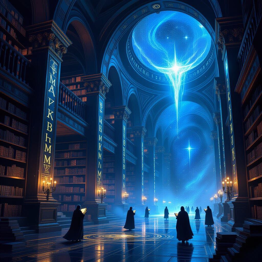 A majestic ancient library, constructed from obsidian and gl...