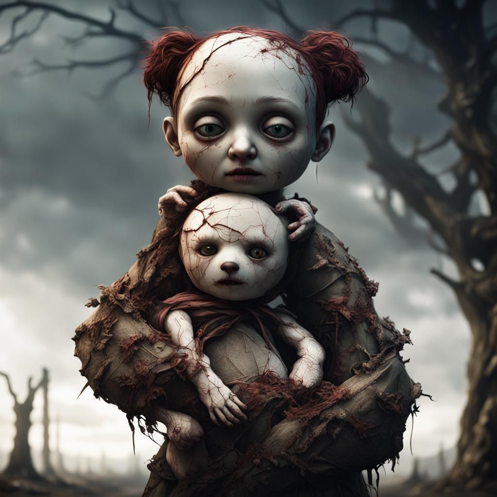 Eerie Doll Figure with Teddy Bear: Detailed Matte Painting
