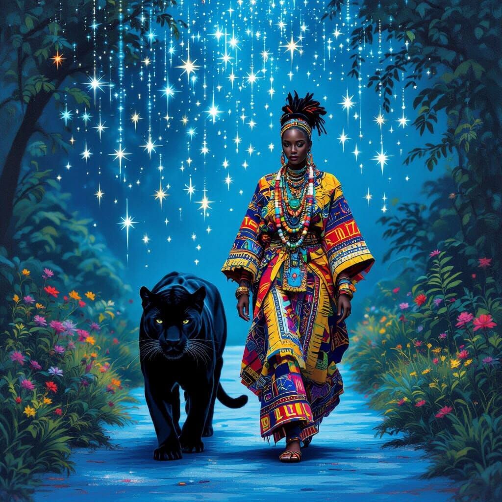 Figure in African Ritual Clothing with Panther, Basquiat Sty...