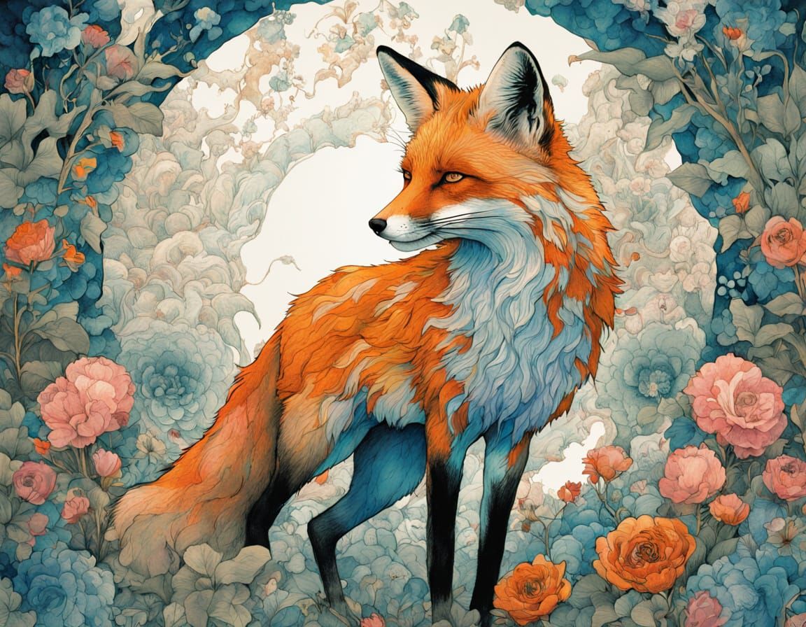 Mystical Fox in Vibrant Floral Wonderland