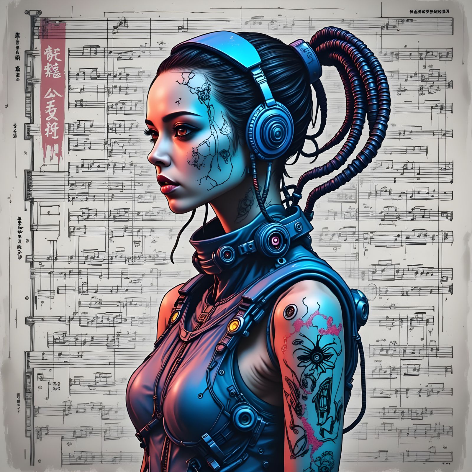 Cyborg Woman with Musical Tattoos in Giger Style
