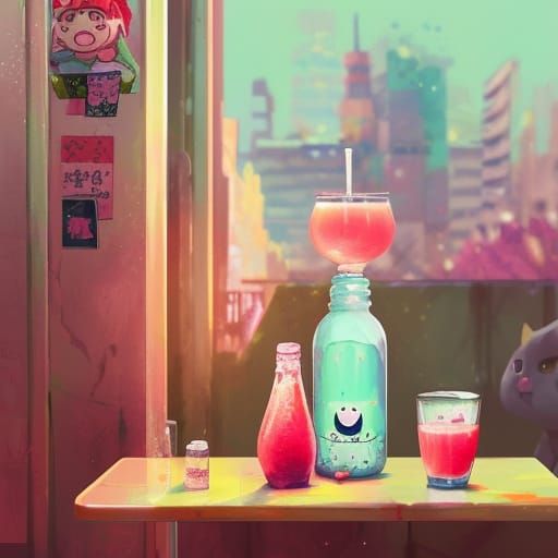 Hyperdetailed Kawaii Strawberry Juice in Cat Cafe