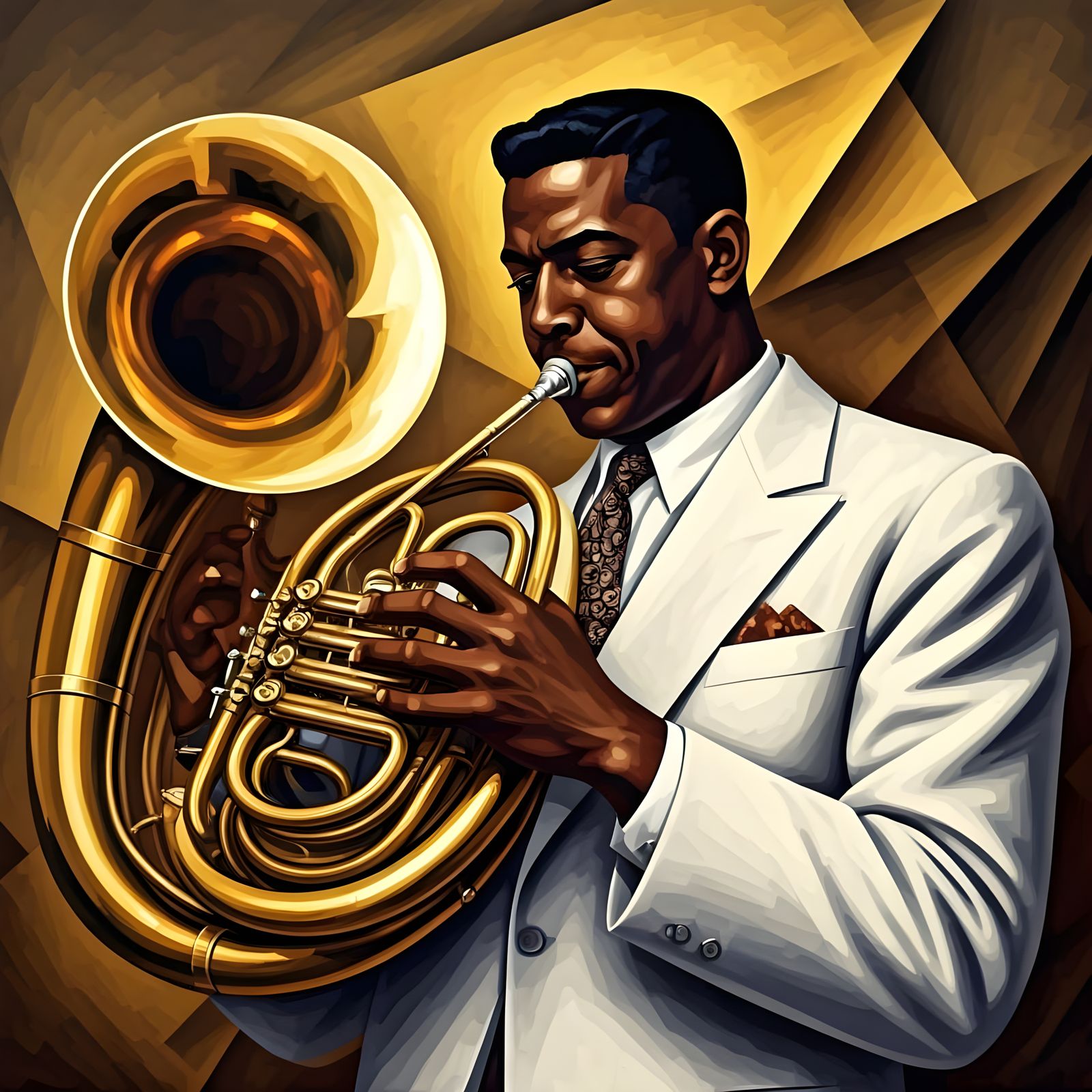 Cubist Jazz Horn Player in 50s Attire