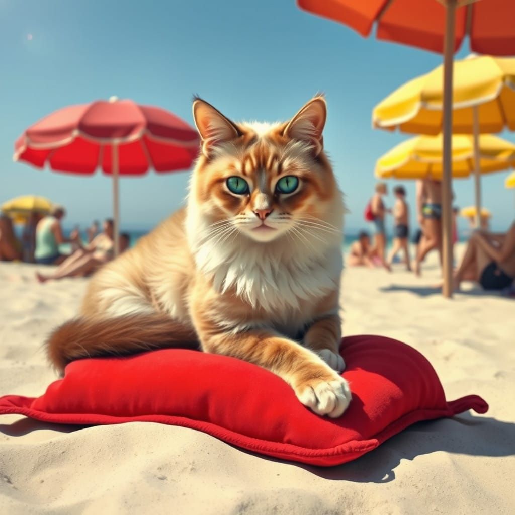 Elegant Persian Cat Ruler of the Sun-Kissed Beach