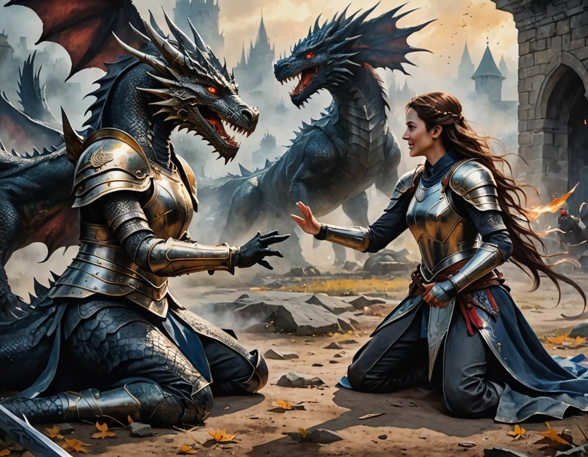 Armored Women High Five After Dragon Battle