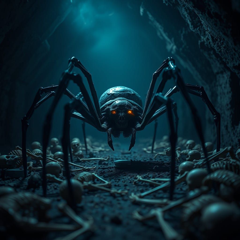 Eerie Spider Reigns in Abandoned Cellar with Human Skulls