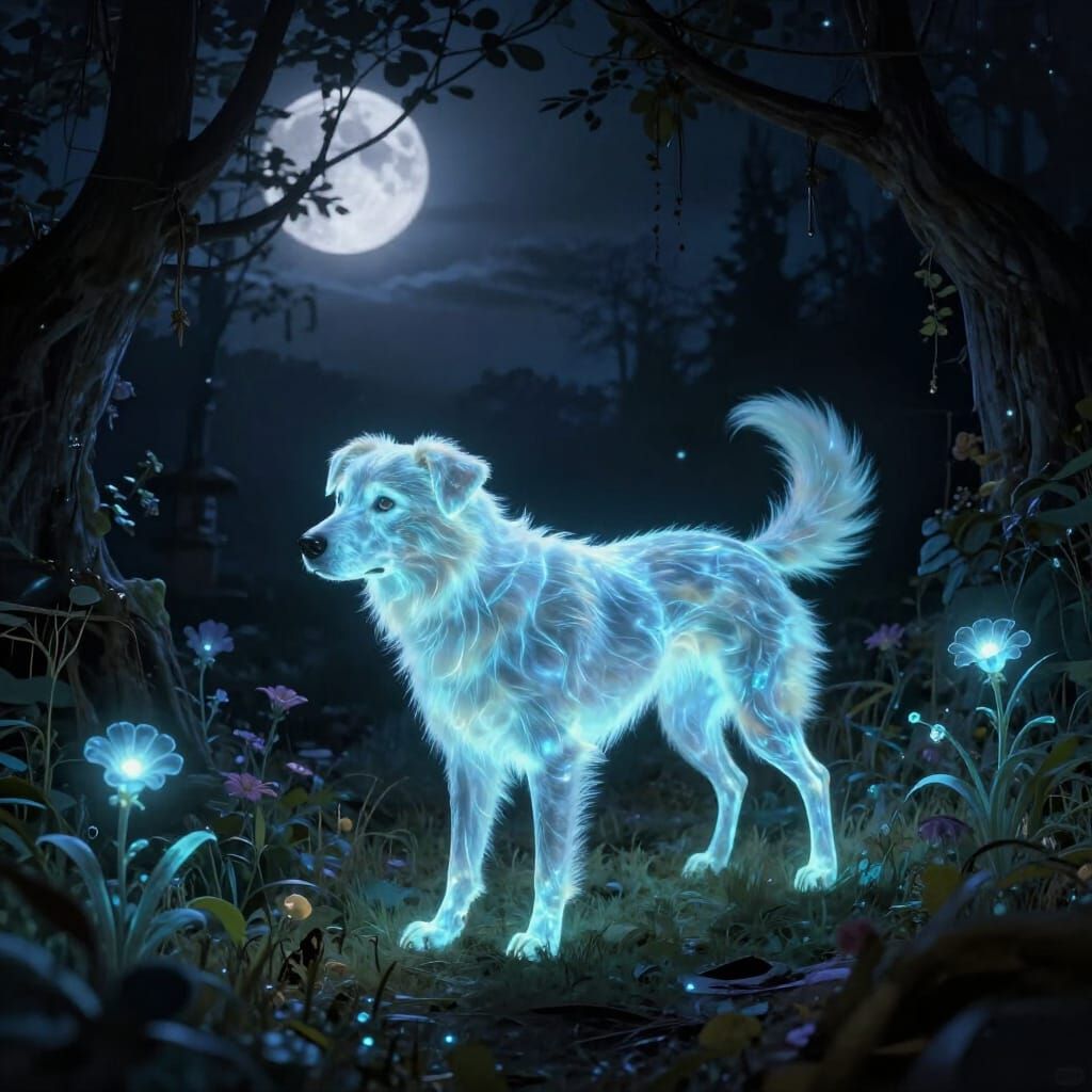 Bioluminescent Ghost Dog in Moonlit Overgrown Garden