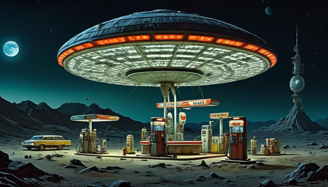 Alien Gas Station on the Moon in Surreal Style