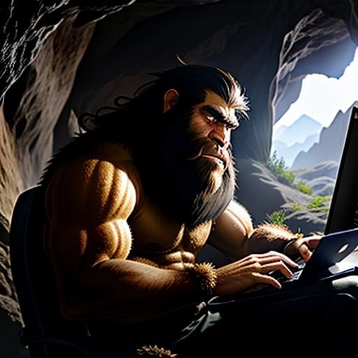 Caveman Browsing the Internet: A Humorous Scene