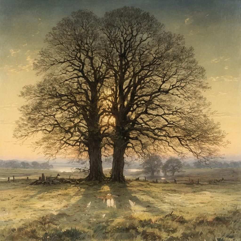 Lake Landscape with Old Oak Trees at Dusk