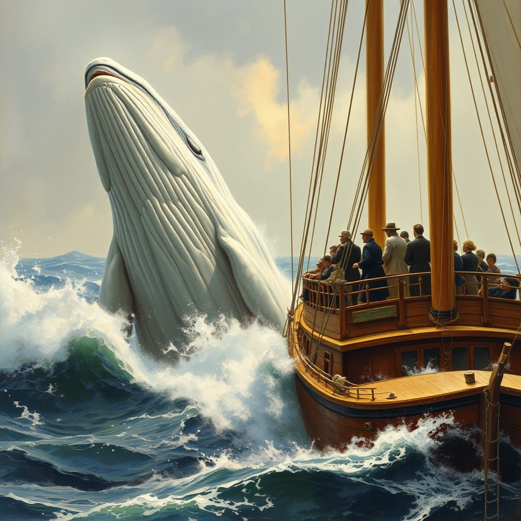 Majestic Whale Breaching Near Vintage Ship: Oil Painting