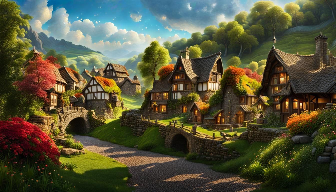 Majestic Village Under Cosmic Sky, Hyperdetailed Digital Art