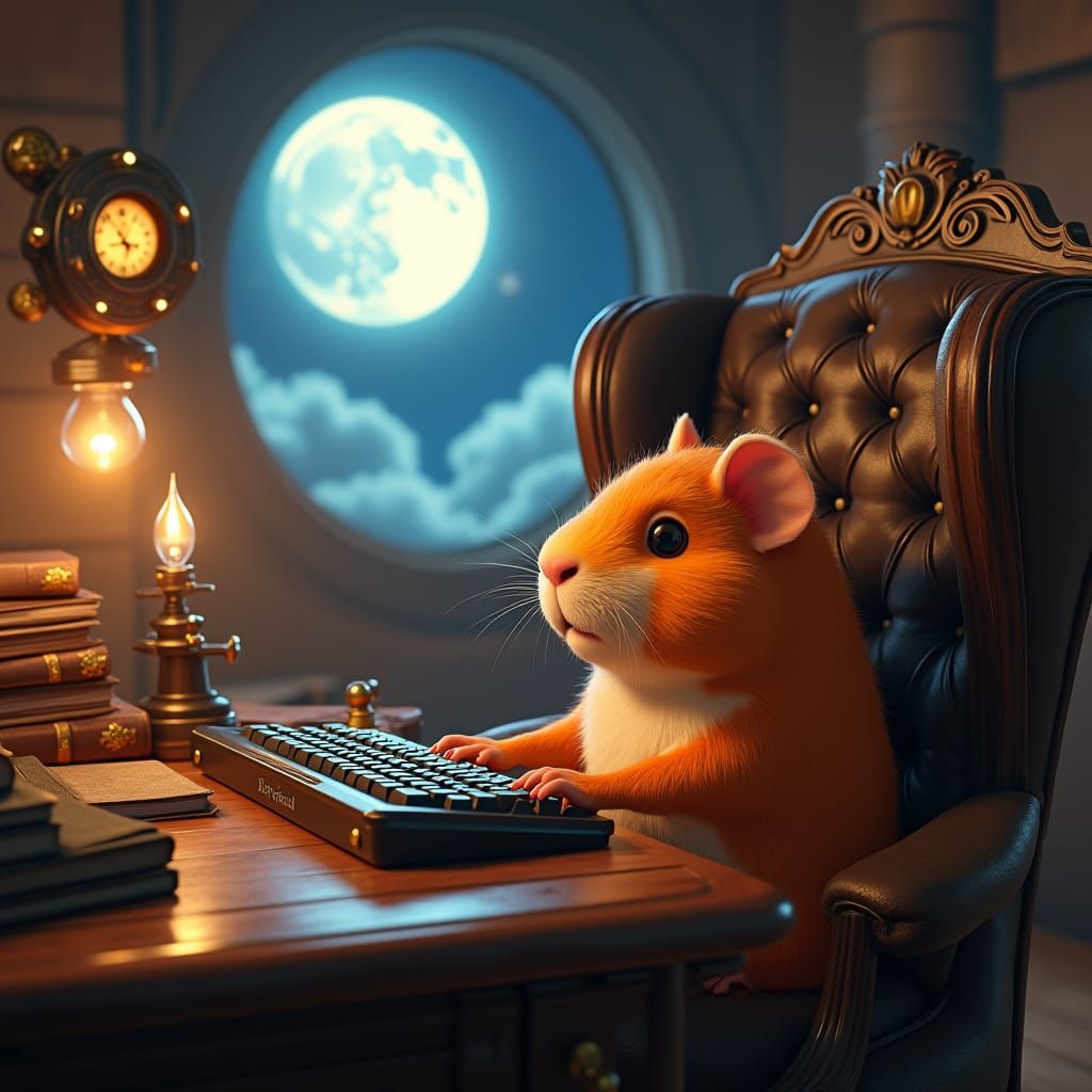 Surreal Guinea Pig Typist in Whimsical Steampunk Study