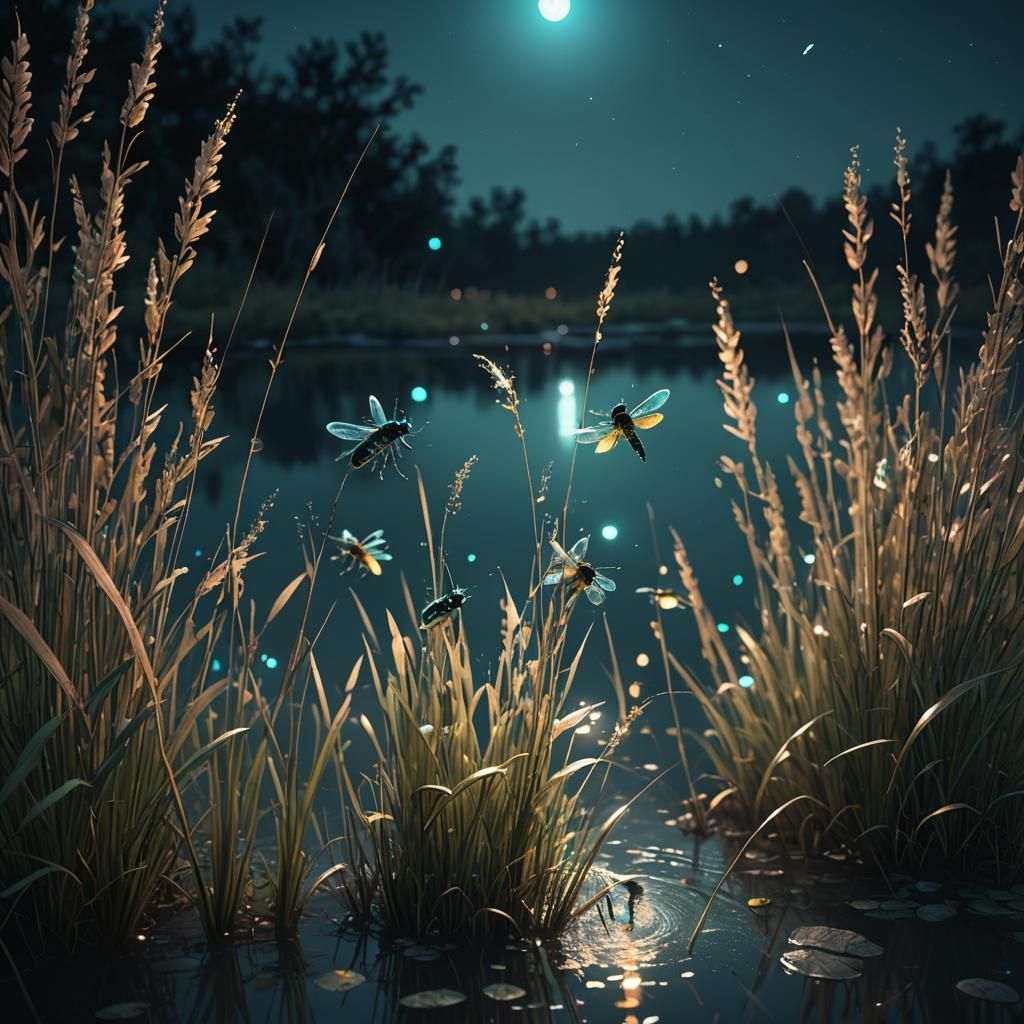 Fireflies by a pond