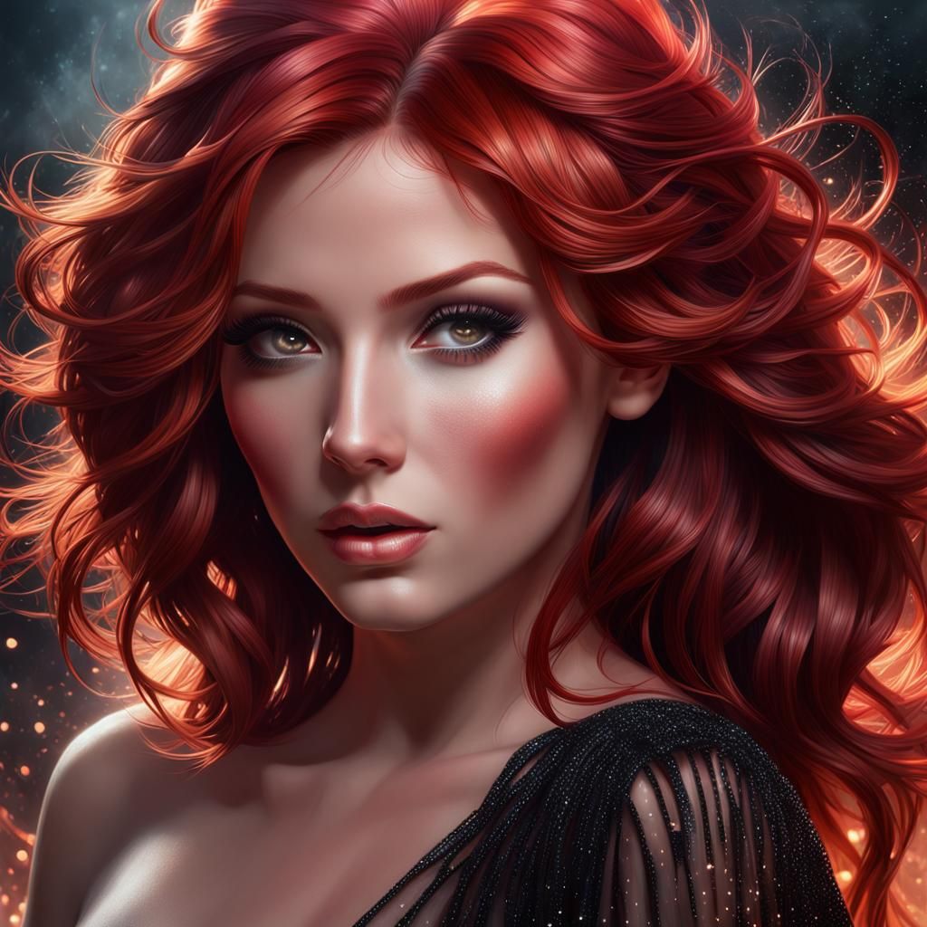 Red-Haired Woman in Black Mist: Hyperdetailed Portrait