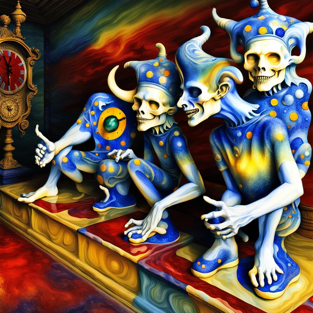 Two yellow jester with lapiz lazuli cristal clock heads, Mes...