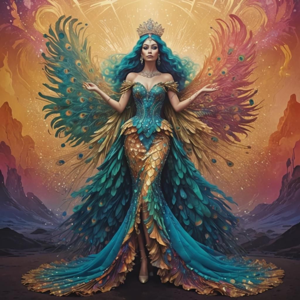 Princess with Peacock Aura in Surreal Landscape