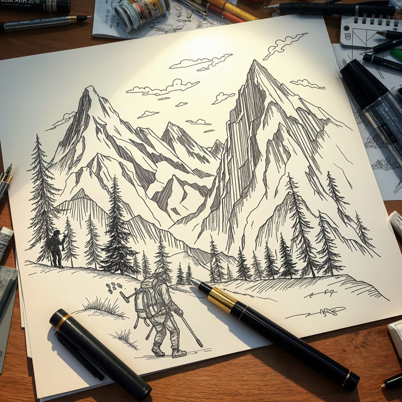 Detailed Doodle Art of Alpinists in Mountain Landscape