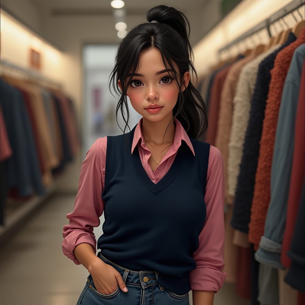 Hyperrealistic Portrait of a Spanish Woman in Clothing Store