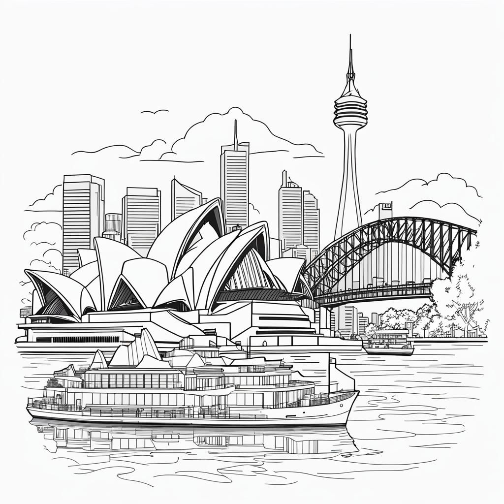 Sydney Opera House and Sydney Harbor Bridge in Elegant Line...