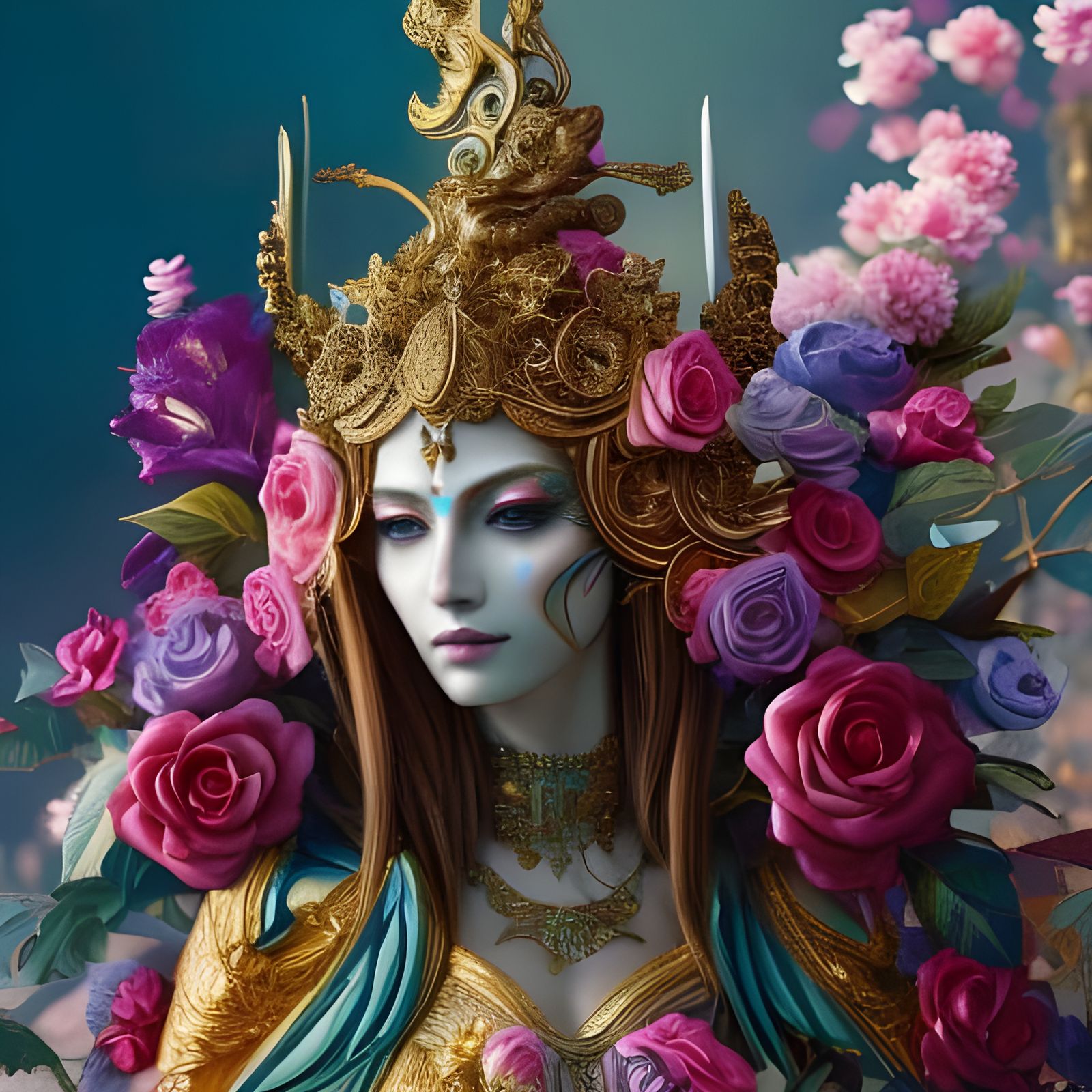 Flowerpunk Masked Statue in Digital Illustration