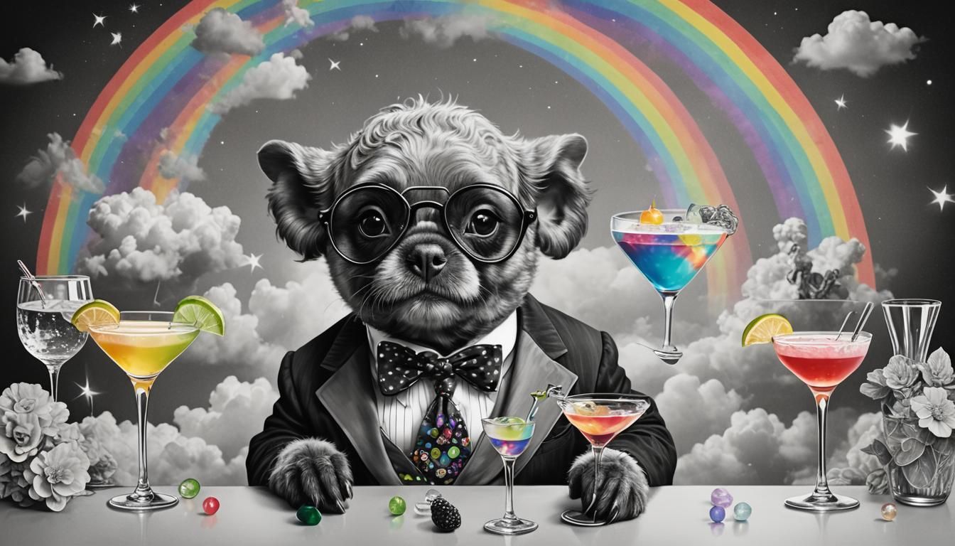 Vintage Animal Sipping Cocktails Under Rainbow Sky