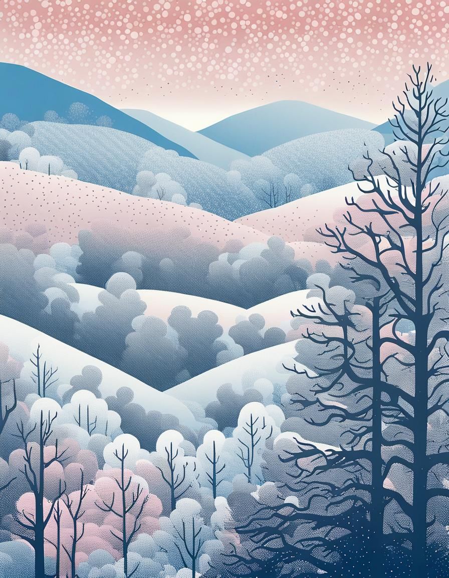 Winter Landscape in Halftone Screen Print Style